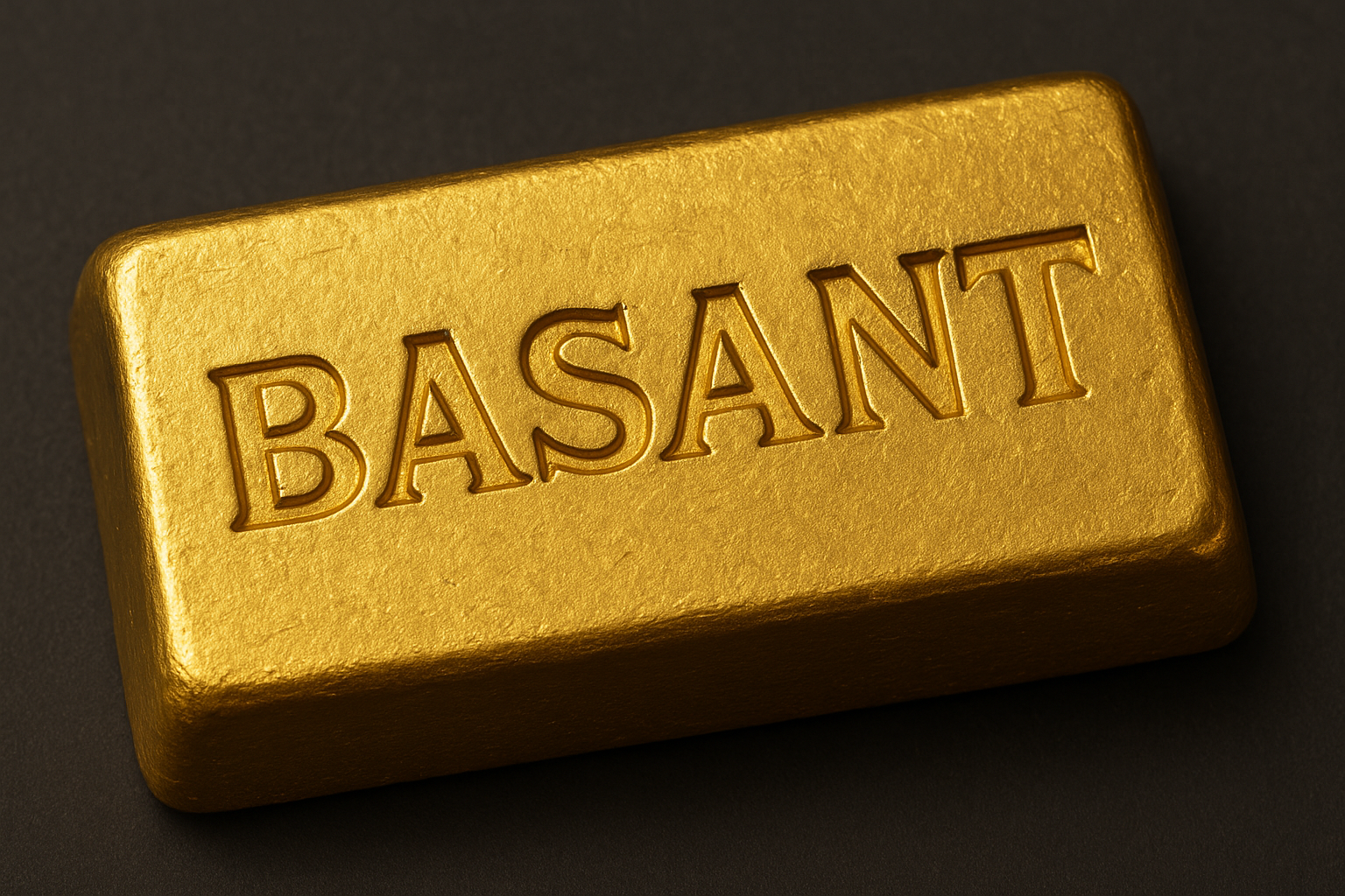 Close-up of a 4-gram 22 K gold piece stamped with its weight and Daman hallmark on a dark background.